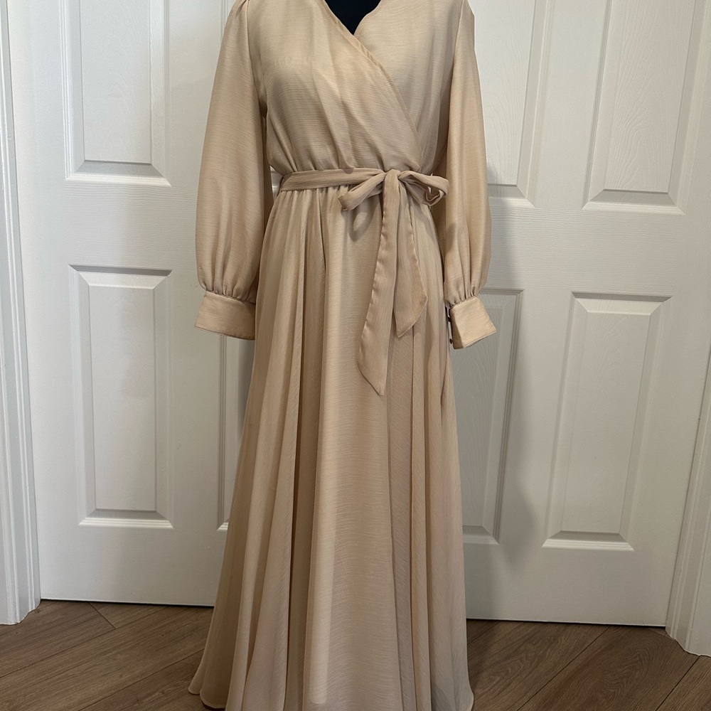 Ivy City Co Tan Gold Wrap Gown with Bishop Sleeves